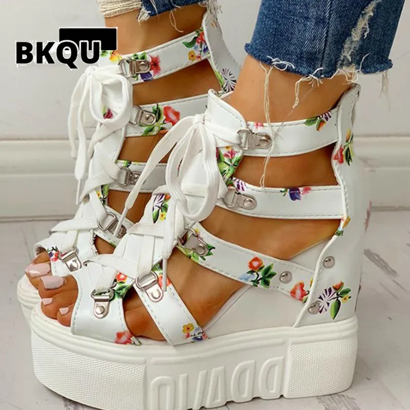 

BKQU Leisure Wedges Women's Shoes 2022 Summer Shoes Women Sandals Platform Shoelaces High Heels Casual Shoes Woman