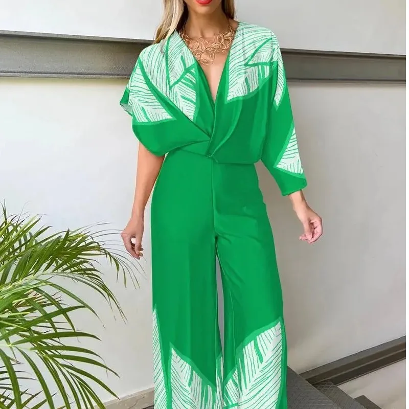 

Beach Summer Women's Printed Short Sleeved V-neck Fashionable Jumpsuit 2023 White Elegant Wide Leg Pants Roupas Femininas