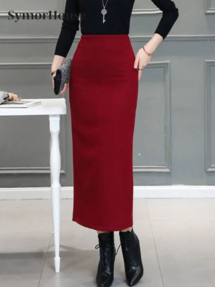 

Женская шерстяная юбка-карандаш с высокой талией, черная или красная теплая Длинная шерстяная юбка-карандаш с разрезом на спине, Осень-зима 2023