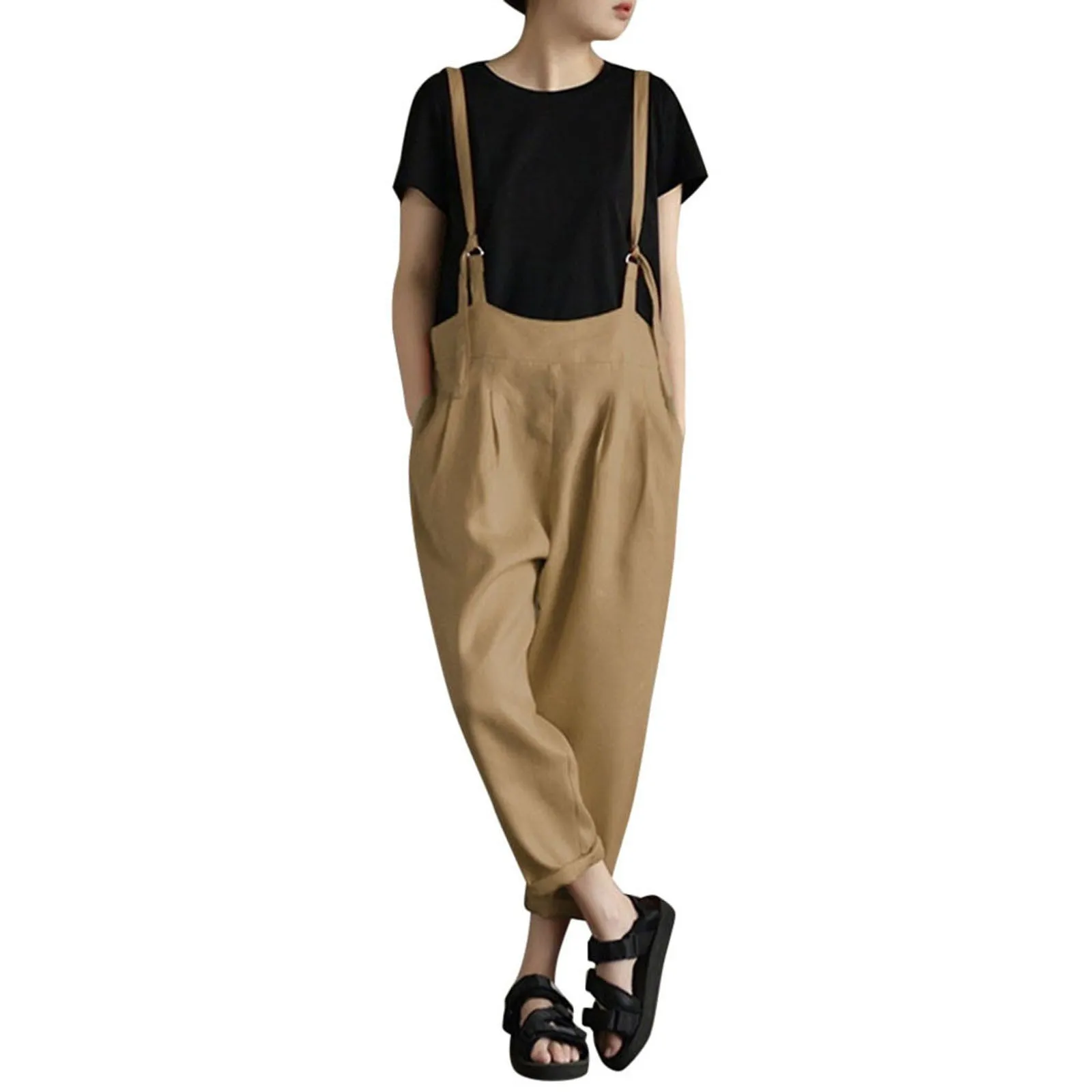 

Women Backless Cotton Linen Pocket Loose Casual Jumpsuit Suspender Wide Leg Jumpsuit Women Summer Bodysuit Women Overalls Romper