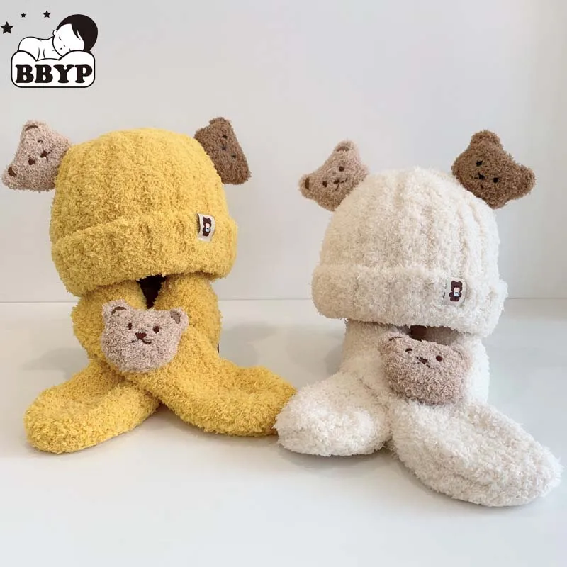 

2Pcs Cartoon Bear Winter Hat Baby Lambs Wool Hat Ear Cap Scarf Set Toddler Boys Cap Scarf Infant Accessories Boys Girls