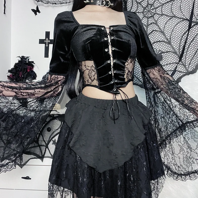 

Goth Sexy Women Top Flare Long Sleeve Lace Hollow Out Black T-shirt bandage Bodycon Female square neck Tops Elegant Top