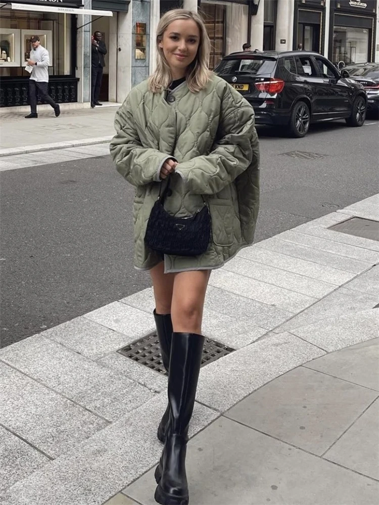 KEYANKETIAN women's diamond quilted cotton coat winter coat Army green oversize round neck single breasted cotton coat