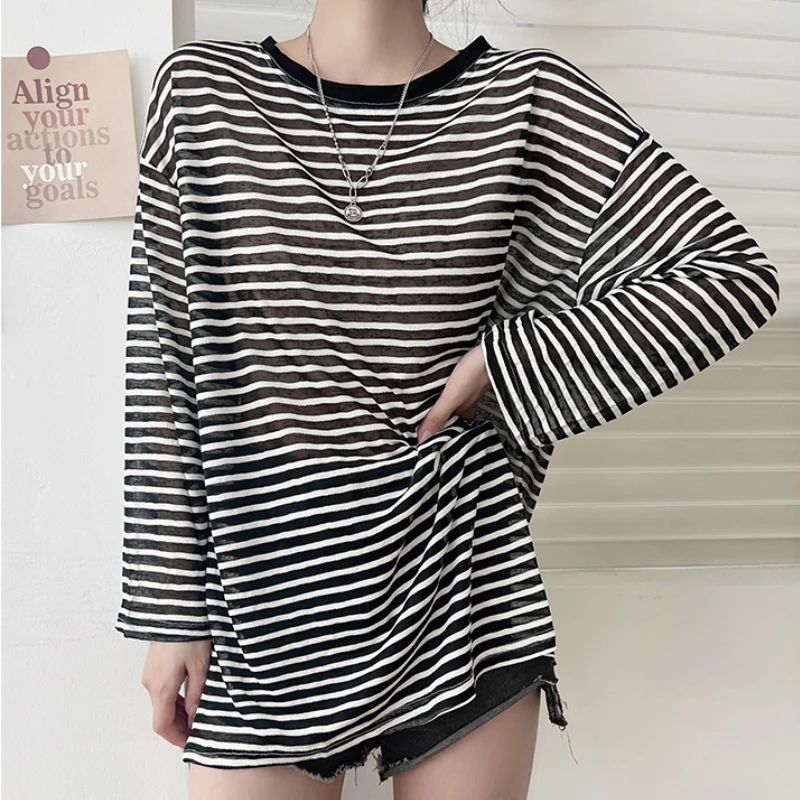 

New Fashion Casual See-through Ice Silk Sunscreen Woman Tshirts Women Sexy Tops Female Ladies Aesthetic Girls Stripe T-shirt