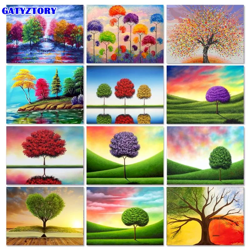 

GATYZTORY DIY Oil Painting By Numbers Tree Landscape Handpainted Acrylic On Canvas Wall Art Picture By Numbers For Living Room