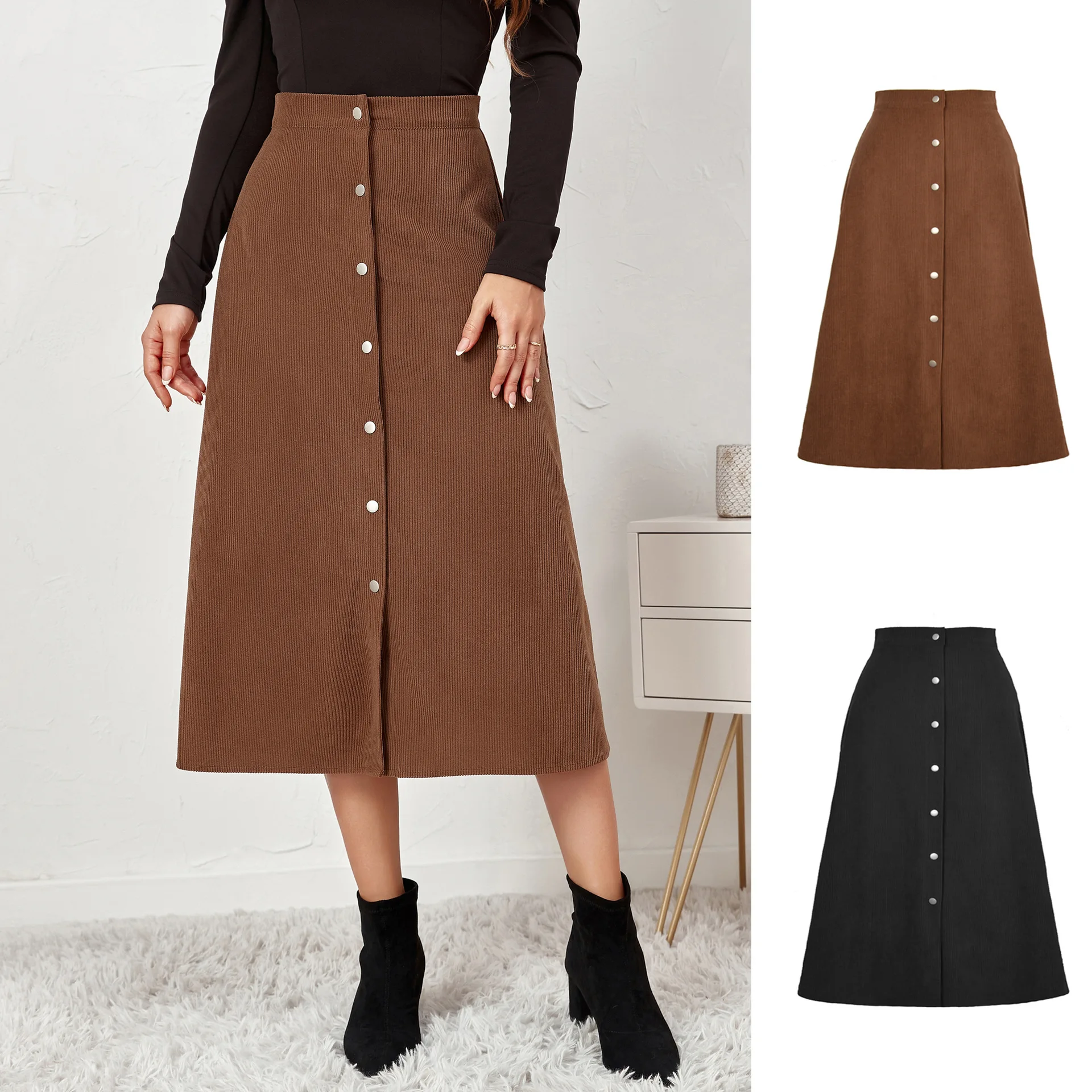 2022 Women Autumn Korean Corduroy Long Skirts Elegant High Waist Tie Up Midi Knee Length Skirt Female Office Lady Wear Vestidos