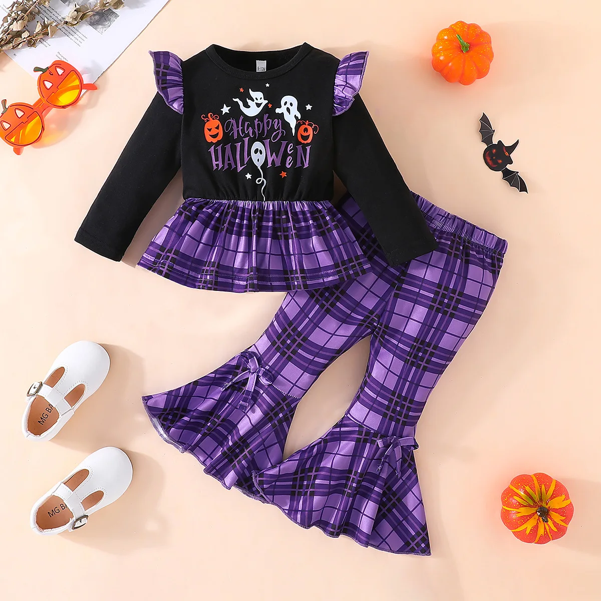 

Halloween Plaid Bell-bottom Pants Set Girls Fashion Spring Autumn Long Sleeve Top + Pants Set Baby Girl Clothes Newborn Clothes