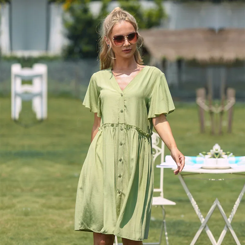 

Женское однотонное платье с V-образным вырезом и коротким рукавом