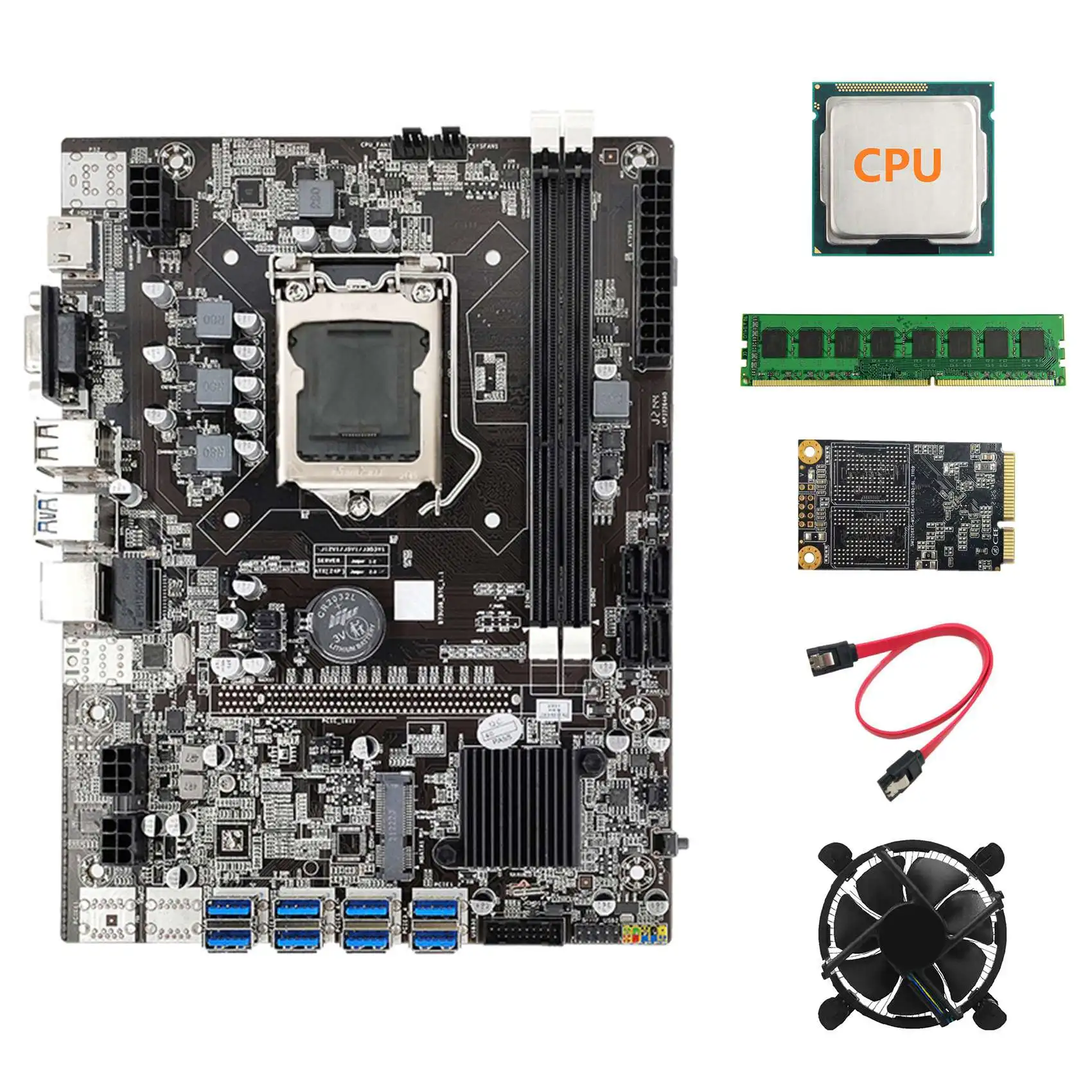 

B75 USB BTC Mining Motherboard+CPU+Fan+DDR3 4GB 1600Mhz RAM+128G SSD+SATA Cable LGA1155 8XPCIE to USB B75 BTC Board