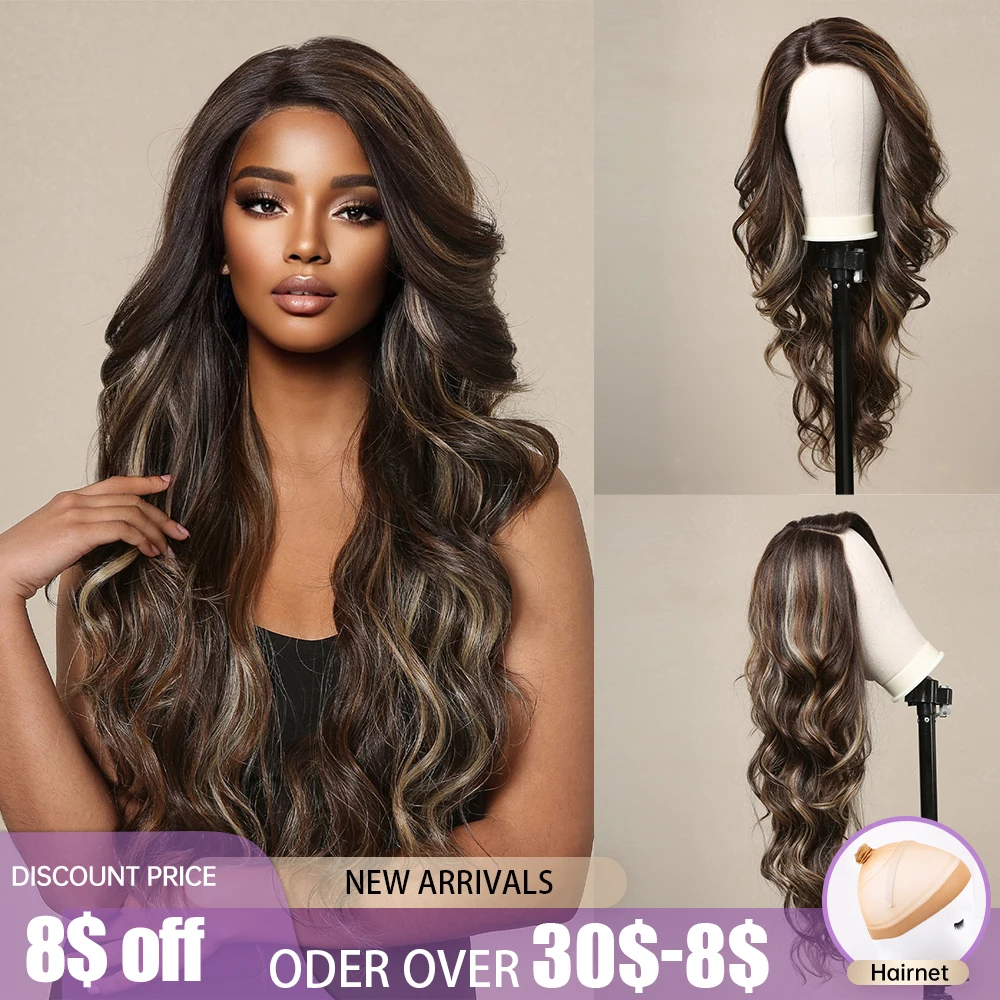 Длинные волнистые синтетические парики на сетке спереди Свободные Вьющиеся