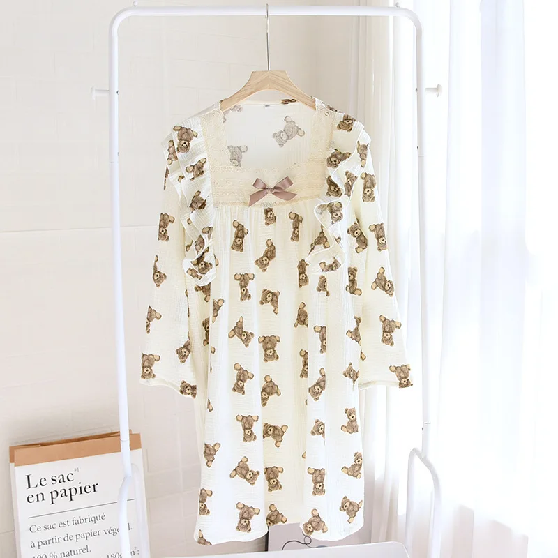 Night Gown for Women Cartoon Bear Nightdress Girl Pullover Long Sleeve Square Collar Cotton Crepe Lace Spring Bow Tie Thin Home