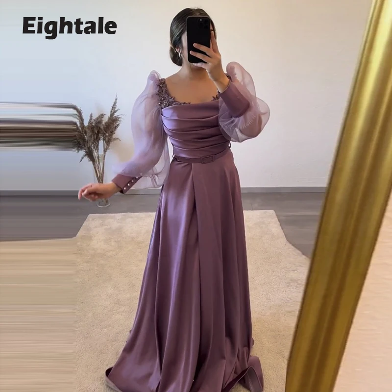 

Eightale Arabic Evening Dresses for Wedding Party Satin Pleats A-Line Long Puffy Sleeves Celebrity Purple Prom Party Gowns 2022