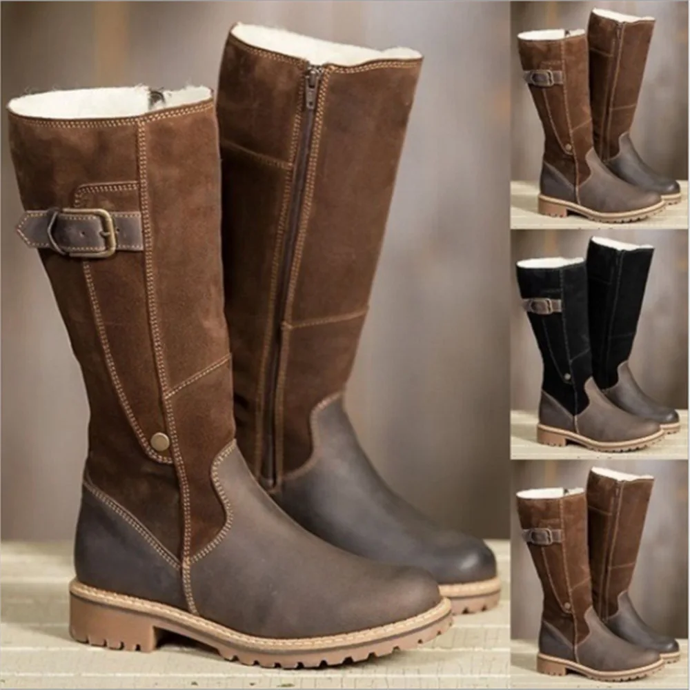 

New Boots Women 2022 Winter Plush Warm Kneel High Boots Ladies Patchwork Flat Shoes Casual Female Snow Boots