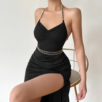 bodycon elegant slit haler backless slim sexy maxi dress summer black evening dress with sash women party y2k concise clothes