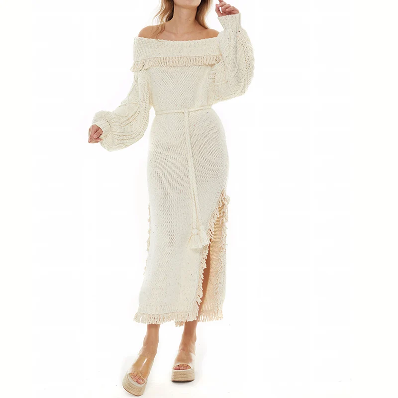 

2022 FW Fashion Sexy Long Dress Women High End Puff Sleeve Braid Belt Side Slits Tassel Dress Temperament Elegant French Dresses