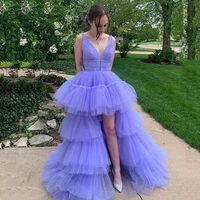 sumnus lavender a line woman prom dress hi low tiered tulle prom gown v neck party dress sexy evening dress vestido de noche