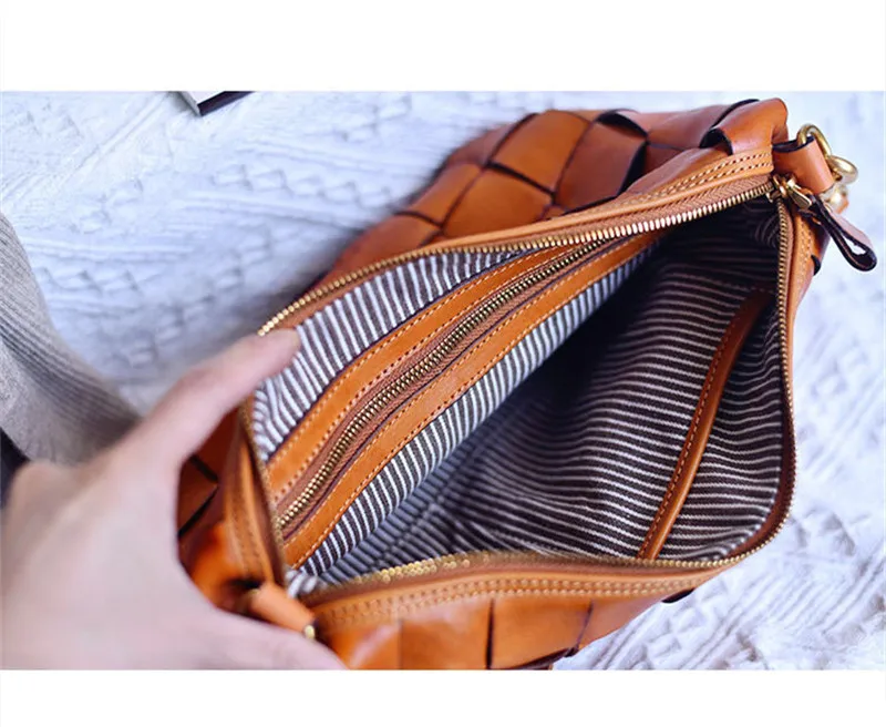Designer luxury natural genuine leather woven women's crossbody bag outdoor casual high quality real cowhide female shoulder bag