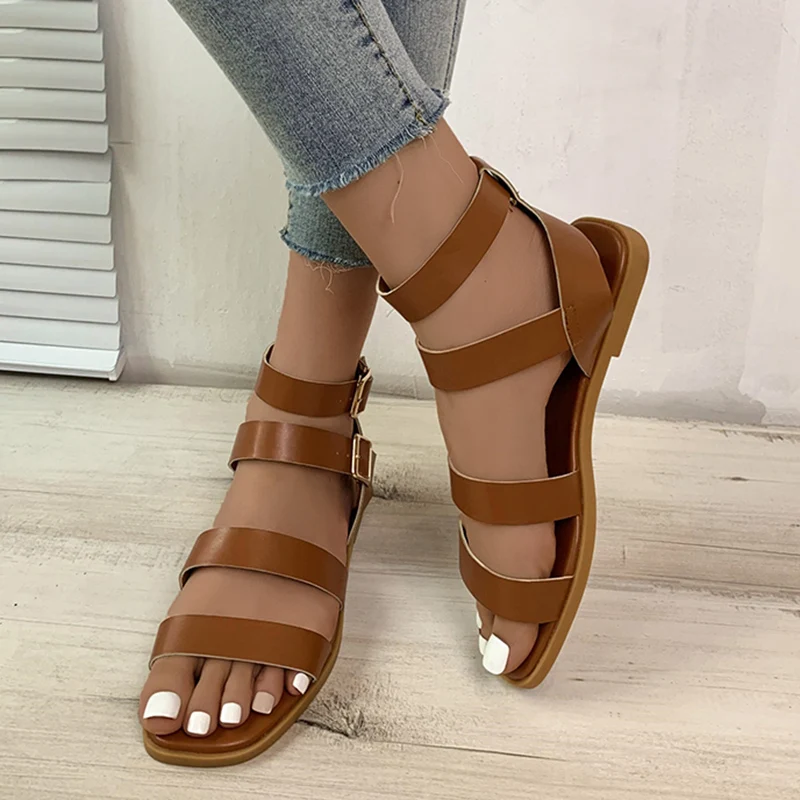 

Lucyever New Flat Gladiator Sandals Women 2023 Summer Ankle Buckle Open Toe Sandalias Woman Outdoor Low Heels Rome Shoes Ladies