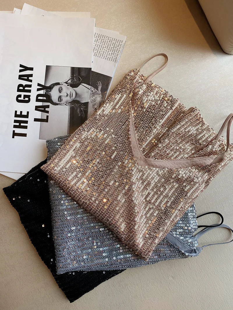 

V-neck Small Suspender Vest Female Summer Outside Wear Glitter Glitter Bling Suit Inside Take Niche Top Spice Girl Large Size