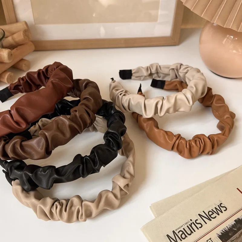 

Fashion Folds Solid Color Simple Wild Hair Bands For Women PU Leather Headband Ornament Hair Hoop Accessories Headwear Wholesale