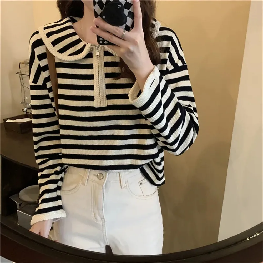 

Pullover Women Striped Zipper Turn-Down Collar Leisure Vintage American Style All-Match Baggy Cozy Female Autumn Fashion New Ins