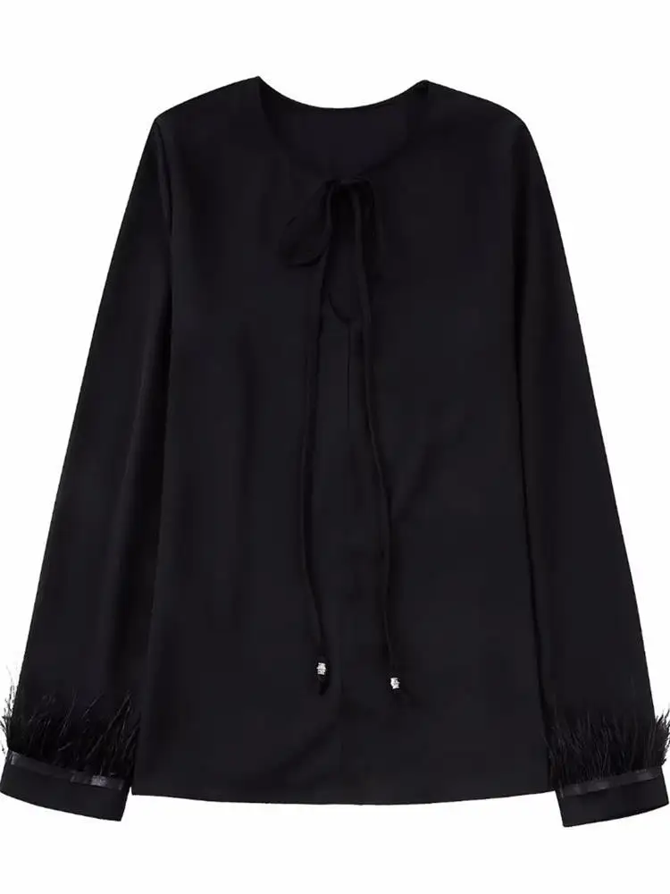 

MESTTRAF Sexy Design 2022 Women Black Cuffs Feather Blouses Vintage Lacing Strap Long Sleeve Female Shirts Blusas Chic Tops
