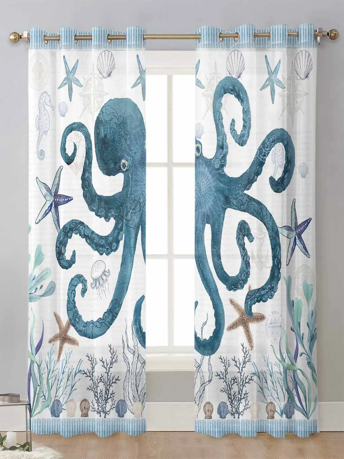 

Mediterranean Style Ocean Stripes Starfish Octopus Sheer Curtains Living Room Window Voile Tulle Curtain Drapes Home Decor