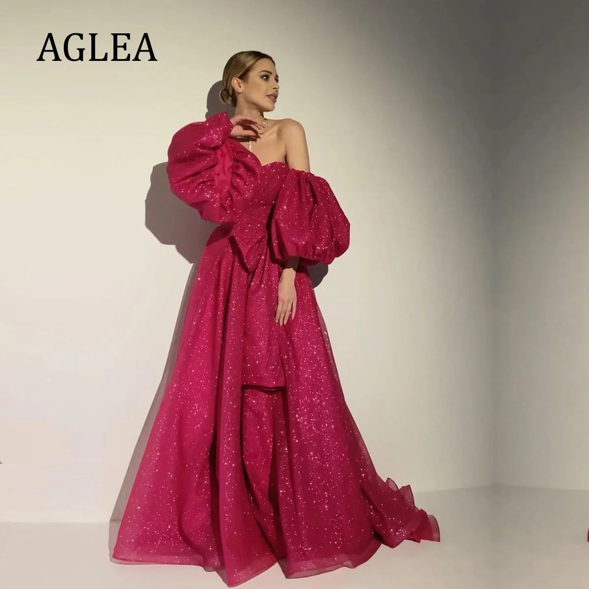 

AGLEA Evening Dresses Formal Occasion Elegant Party for Women Prom Sweep Train Pleat Draped Sequin Sash Bow Empire