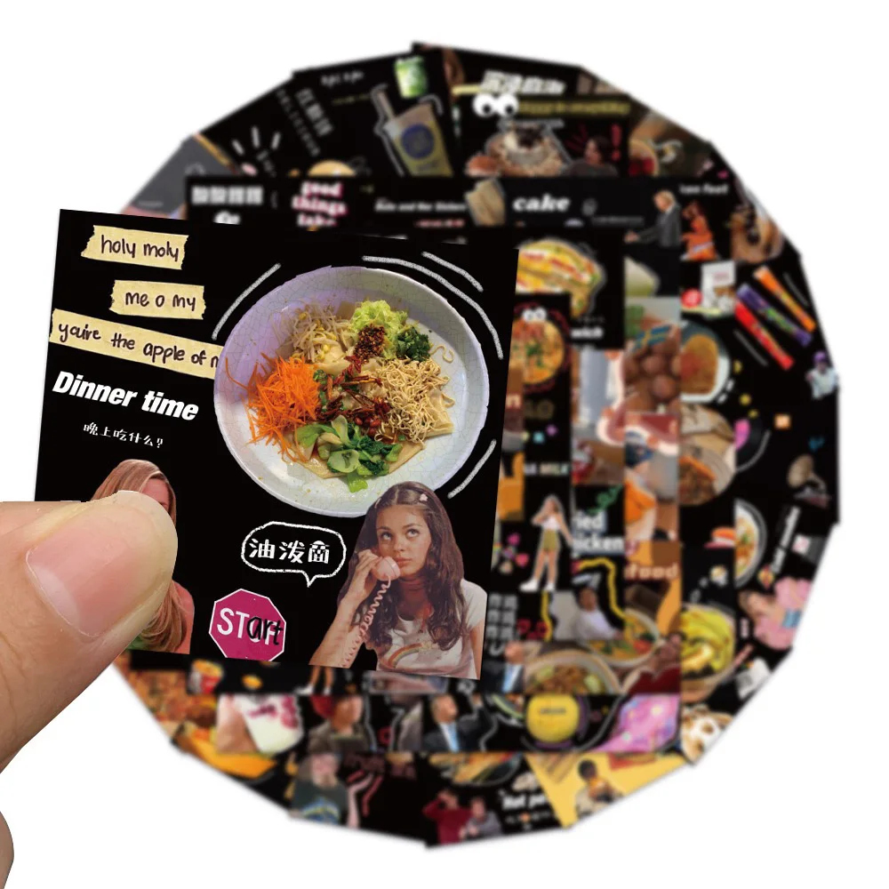 

10/30/60PCS Black Retro Plog Funny Food Cartoon Stickers Motorcycle Travel Luggage Fridge Laptop Classic Toy Fun Sticker