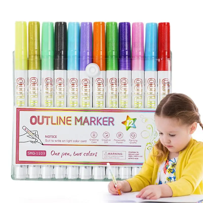 

Double Line Outline Markers Shimmer Outline Marker Pens Glitter Doodle Drawing Markers Pens Double Line Paint Markers Outline