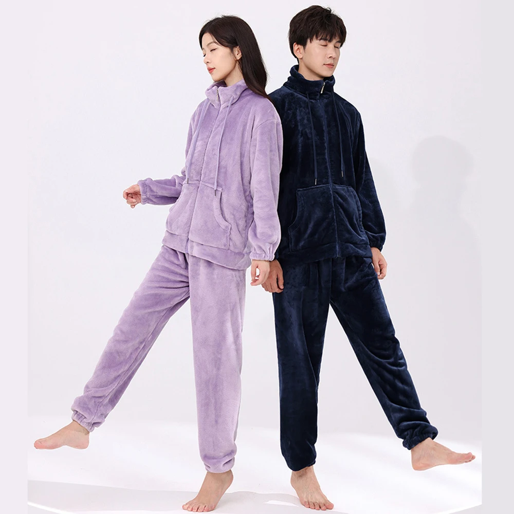 Flannel Men Pajama Pants 2 Pieces/Set Long-sleeve Pijama Suit For Women Solid Casual Loose Homewear Winter Thick Warm Sleepwear