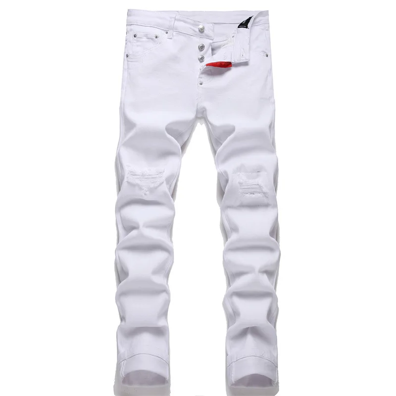 Pantalones vaqueros ajustados blancos para hombre, vaqueros de marca italiana de lujo, rasgados, de calidad, con agujeros, elásticos, informales