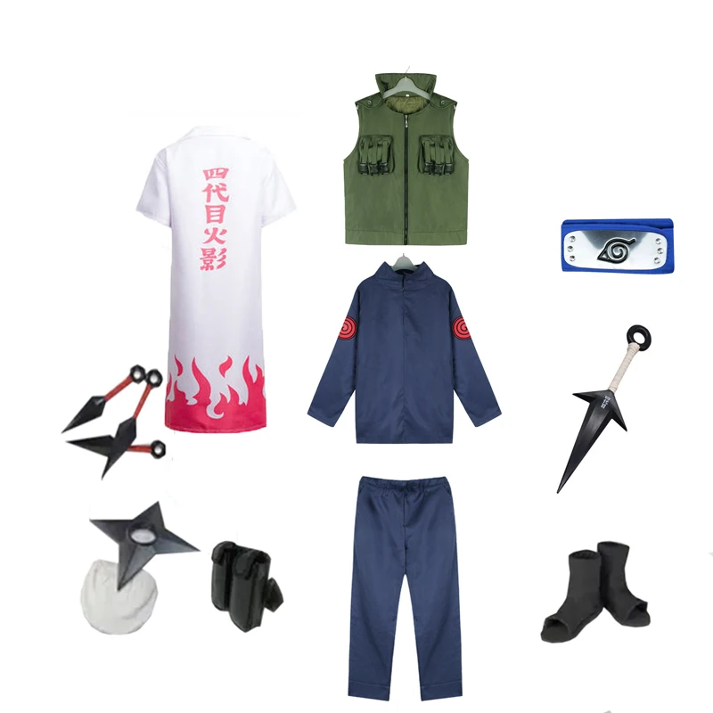 Brdwn Konoha Hokage Namikaze Minato косплей костюм полный комплект (костюм + жилет + плащ + повязка на голову + обувь + кунаи + сумка + сюрикен) (art.: 78dd7dec8) - 78dd7dec8