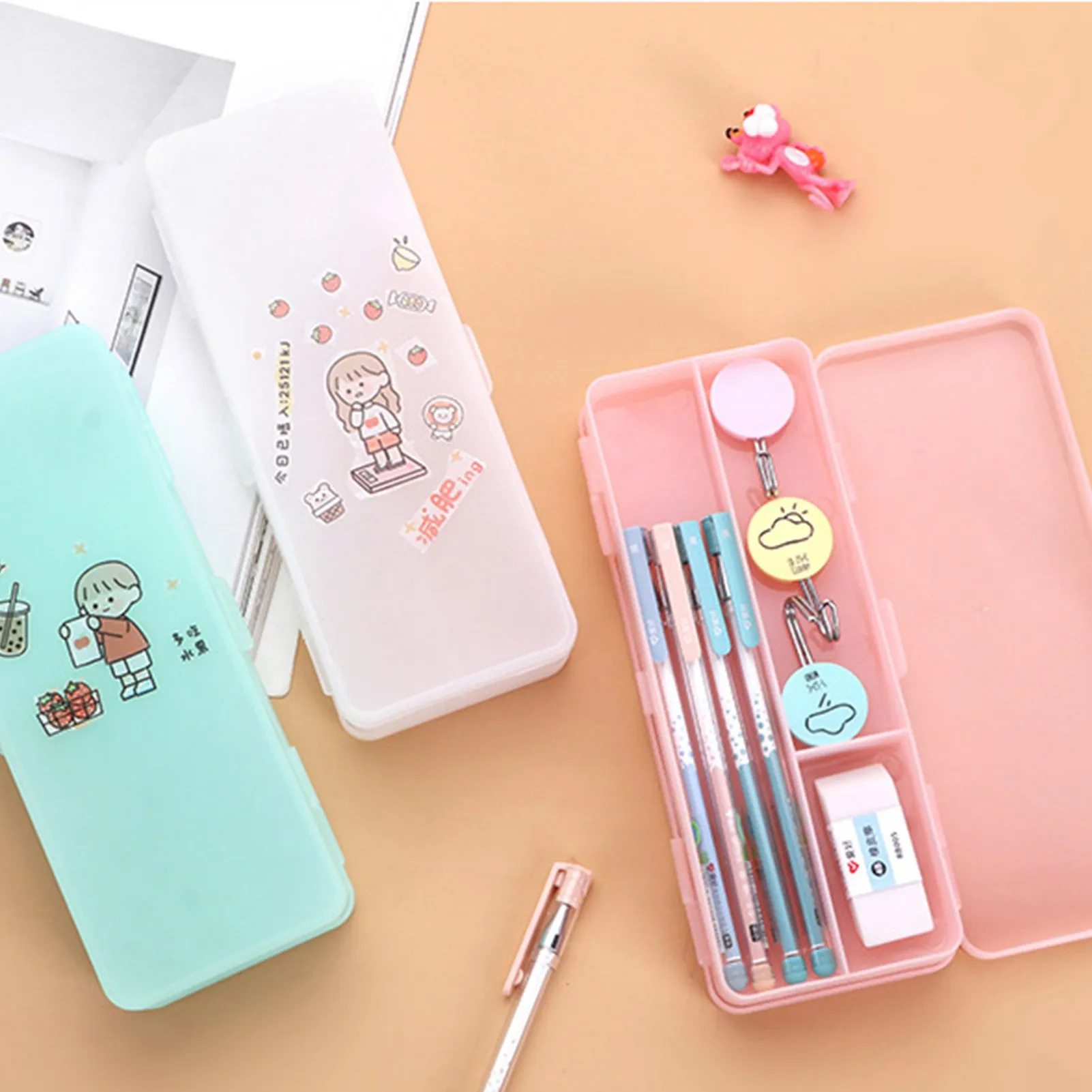 

Transparent frosting Large Capacity Pencil Case Kawaii Double-deck Plastic Pencilcase School Pen Case Supplies Pencils Pouch