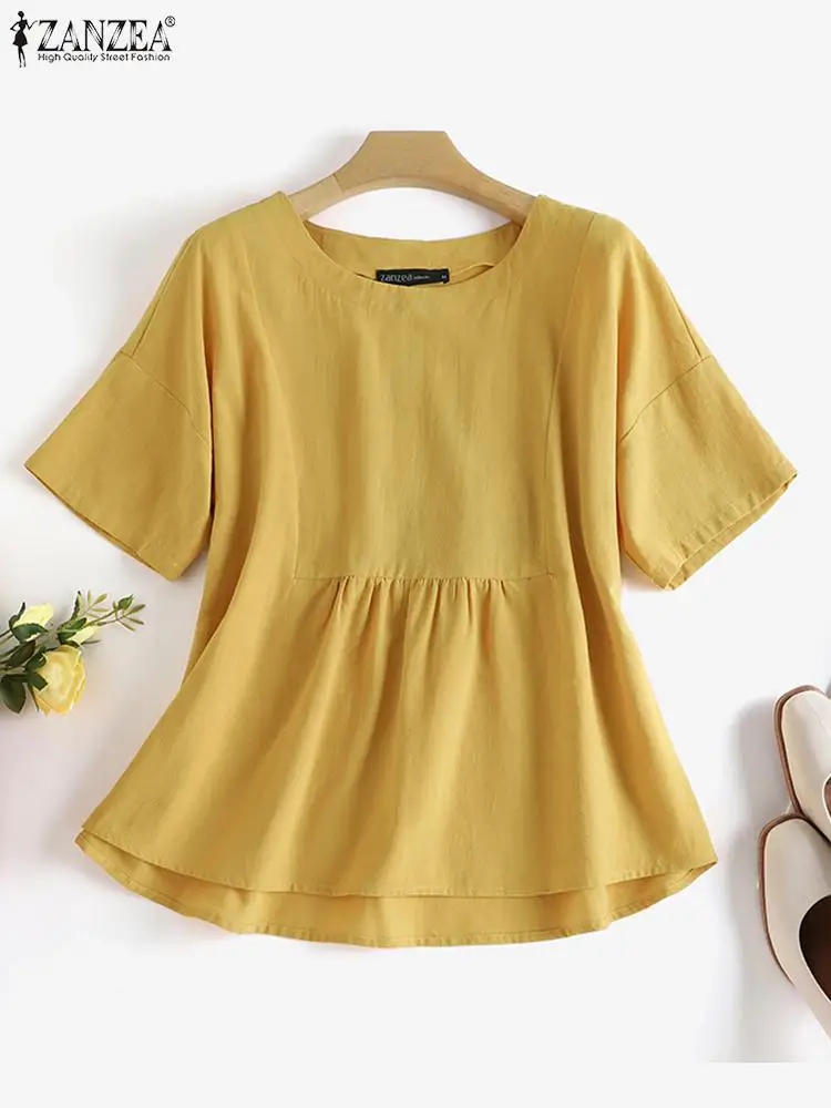 

Летние Плиссированные Топы, винтажные однотонные Блузы А-силуэта ZANZEA, модные женские блузы 2022, повседневные свободные блузы с коротким рука...