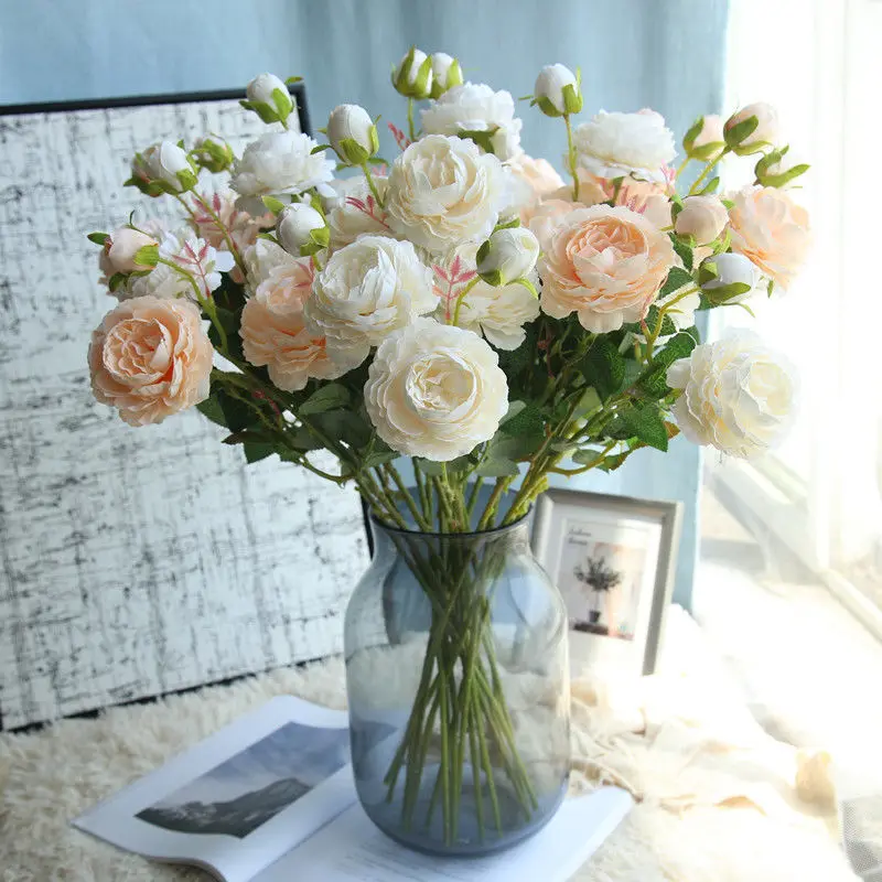 

10pcs Silk Peony Artificial Flowers Bouquet 2 Big Head and 1 Bud Peony Fake Flowers for Home Wedding Decoration indoor
