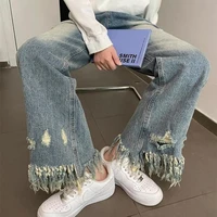 y2k women vintage streetwear ins style raw edge hole ripped bottom loose straight jeans male fashion jeans pant design