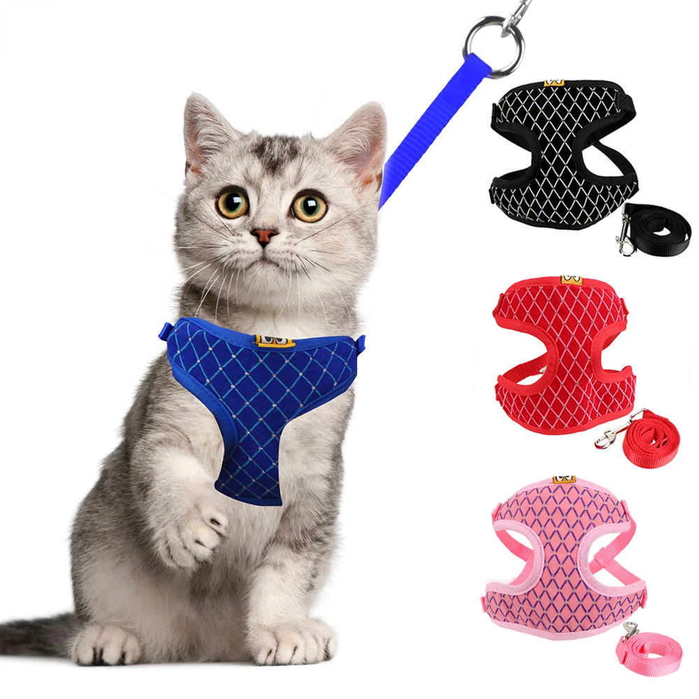 

Cat Harness Vest Collar Leads S/M Rhinestone Mesh Cats Leash Set Pet Products Supplies For Small Dog Kitten