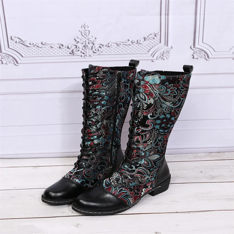 Bohemian Mid-calf Boots Women Sheep Leather Vintage Winter Boots Women Shoes Woman Zipper Chunky Block Heel Ladies Shoes