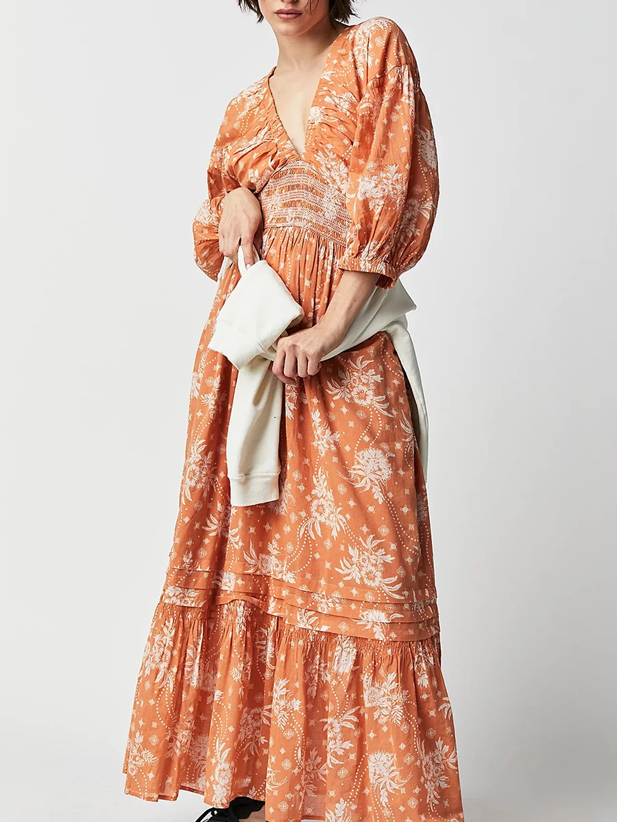 Женское богемное Цветочное платье длинное ТРАПЕЦИЕВИДНОЕ ПЛАТЬЕ С Рукавом до