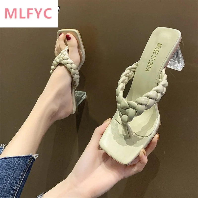 

Large size high-heeled sandals and slippers women's 2022 summer new flip-flops crystal thick heel braided flip-flops women