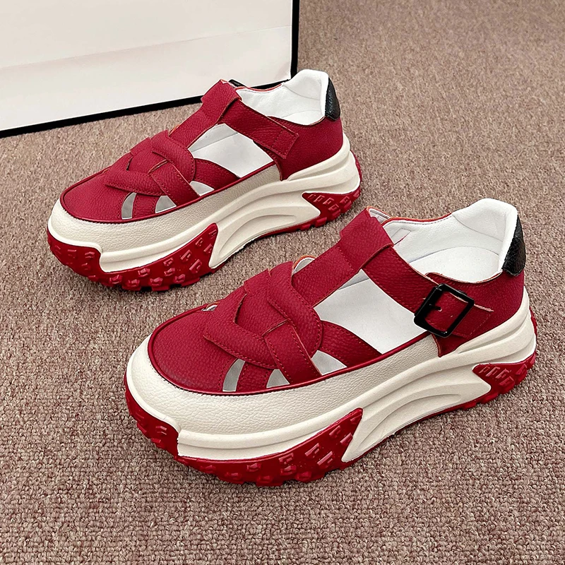 

2023 Summer Outwear Baotou Casual Women's Sandals Solid Color Buckle Leather Surface Comfortable Thick Sole Single Shoe Women