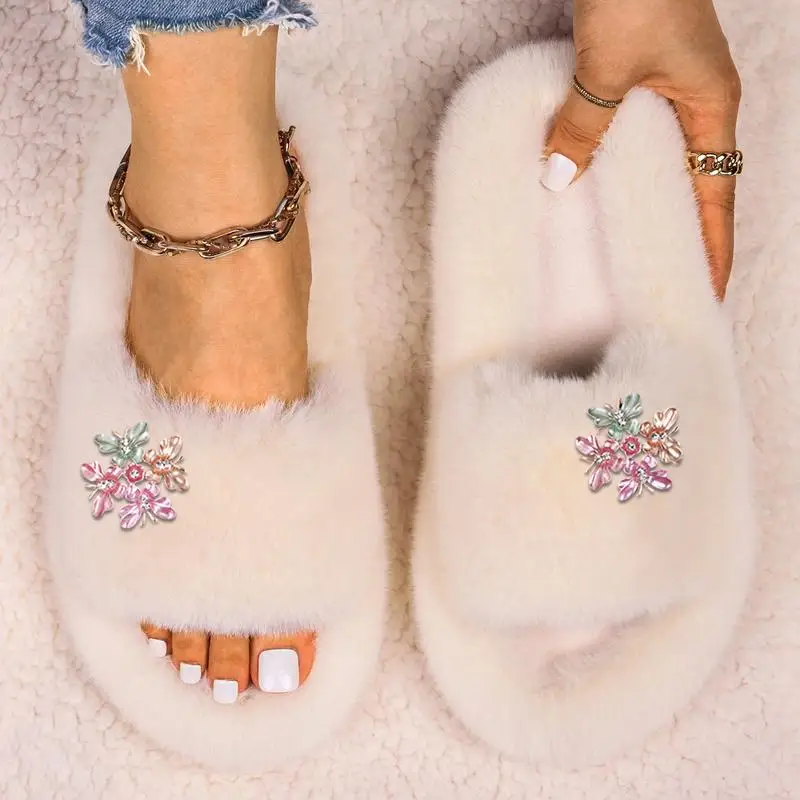 Winter Autumn Flip Flops Women Soft Comfortable Home Shoes Alloy Colorful Leaves Female Slippers Flats Faux Fur Furry Slides
