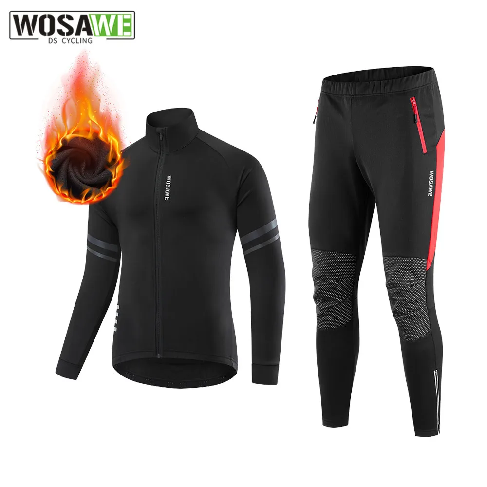 

WOSAWE Cycling Clothing Set Winter Thermal Fleece Pants Rainproof Windproof Reflective Cycling Jersey Set Men Women Sportswear