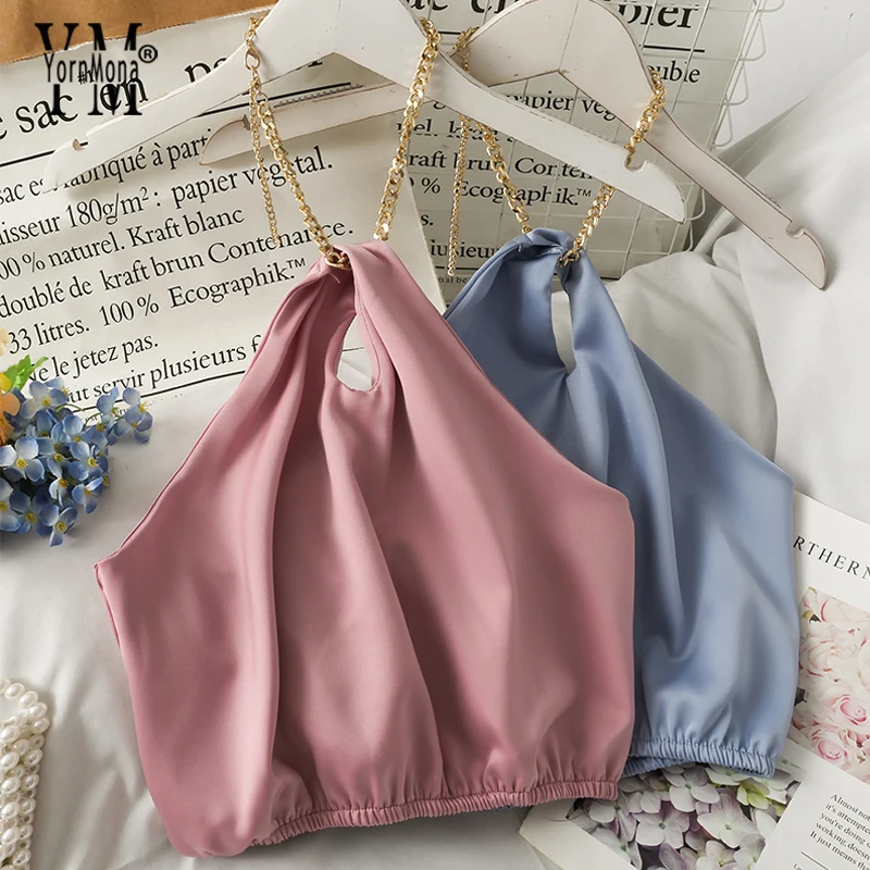 

YornMona Chains Halter Sexy Camis Tops Women Basic Streetwear Satin Crop Tops Summer Backless Beach Tank Tops Shirts