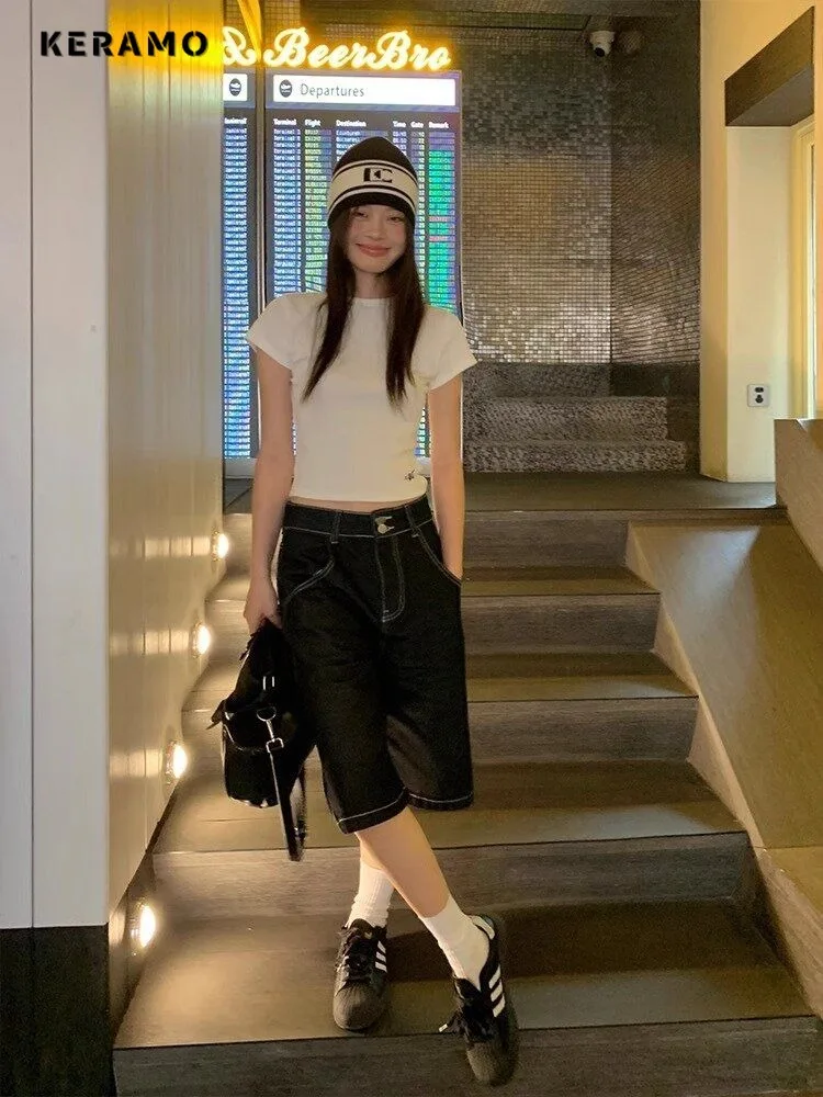 Однотонные джинсовые шорты в американском стиле ретро с высокой талией и