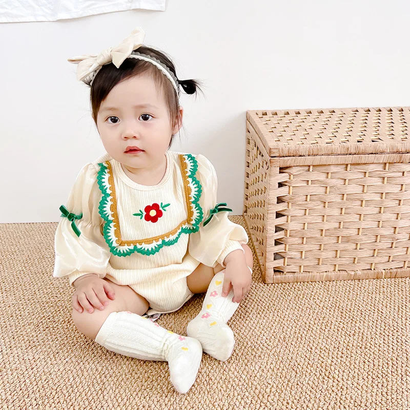 2022 Autumn Baby Bodysuits Flower Embroidery Toddler Girls One Piece Bownot Puff Sleeve Baby Outfit