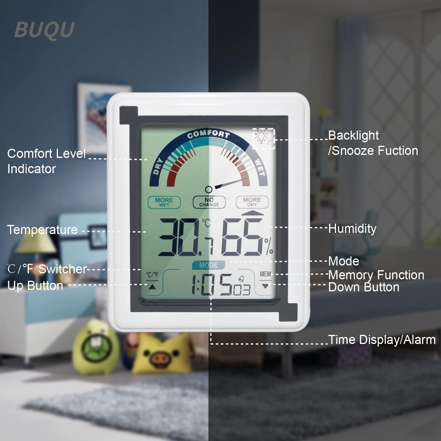 

Indoor Temperature Humidity Display Large Screen Touch Snooze Alarm Clock LCD Backlight Digital Alarm Clock thermometer（BUQU）