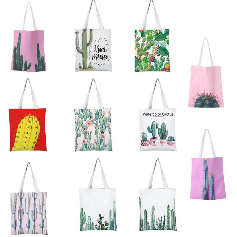 

Cactus Print Canvas Tote Bag Women Girl Travel Shoulder Handbags