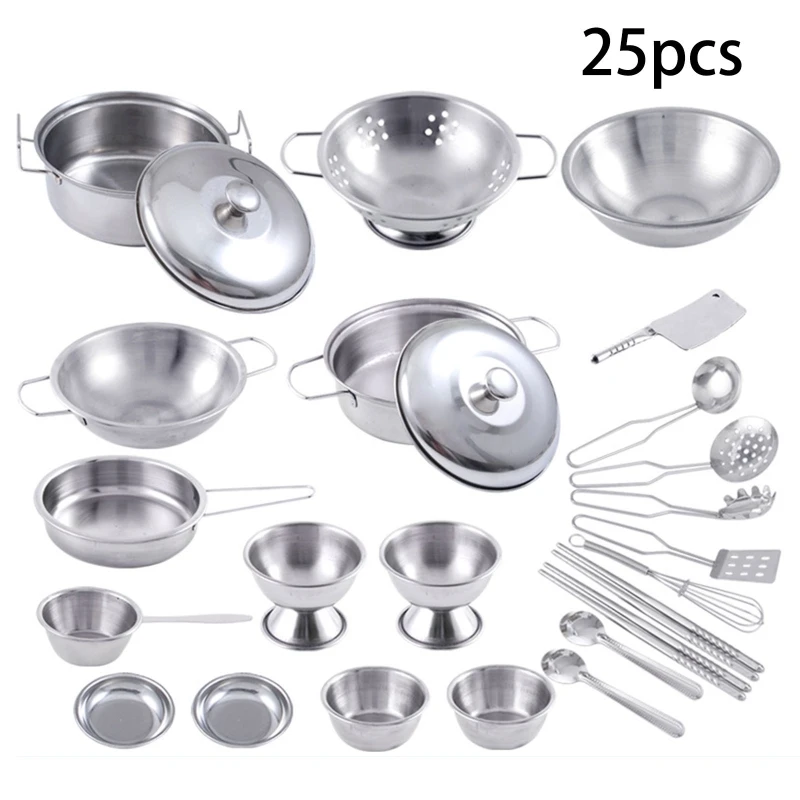 

57EE 25Pcs Stainless Steel Kids House Kitchen Toys Children Pretend Play Cookware Set
